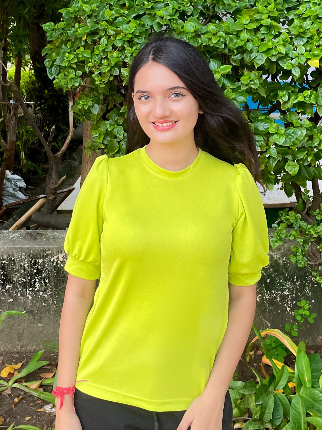 Cotton Solid Stretchable High Neck Puff Sleeve Top - Uptownie