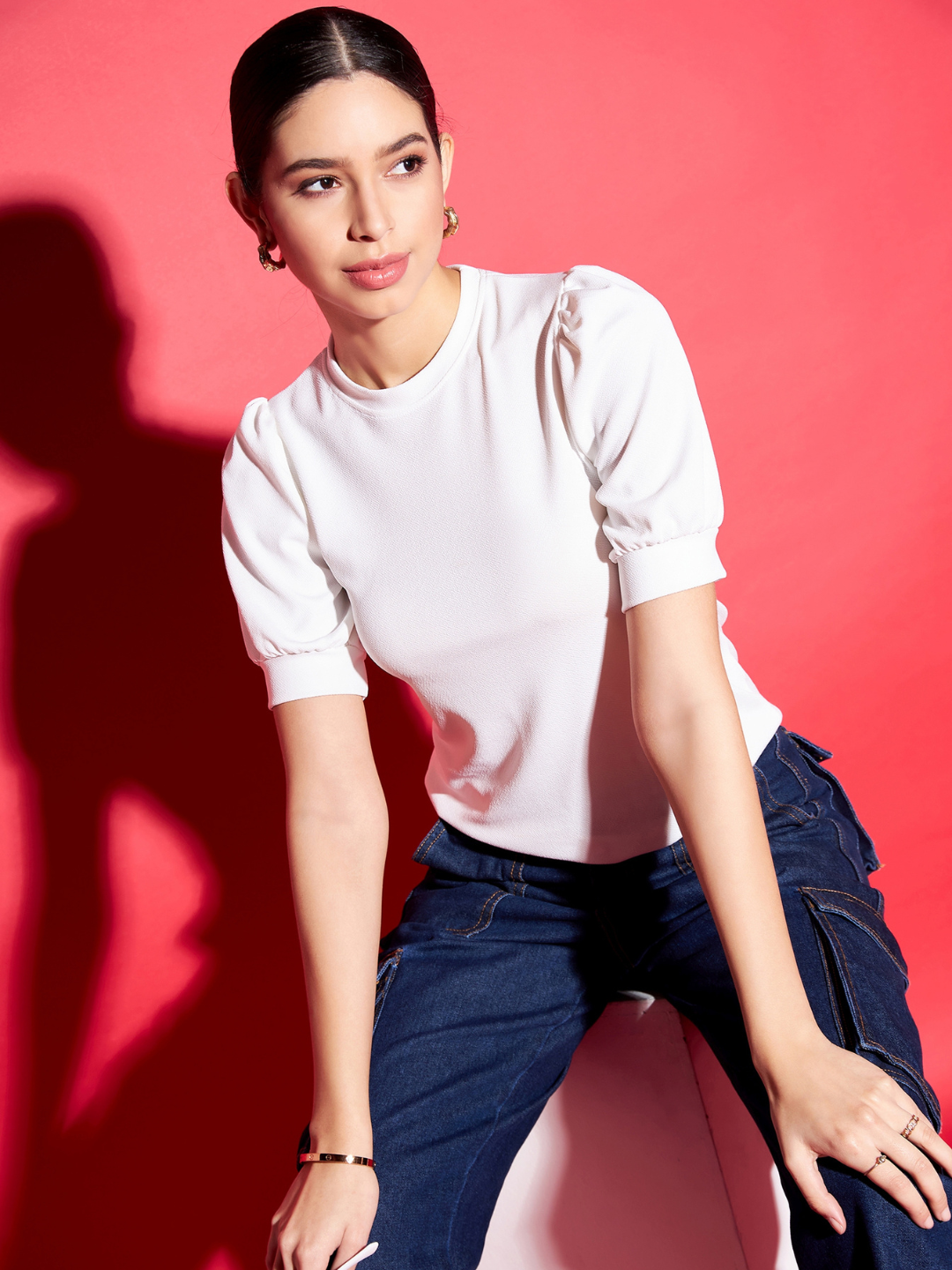 Cotton Solid Stretchable High Neck Puff Sleeve Top - Uptownie