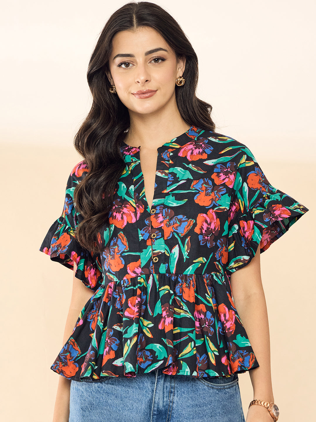 Frilled Sleeve Cotton Peplum Top