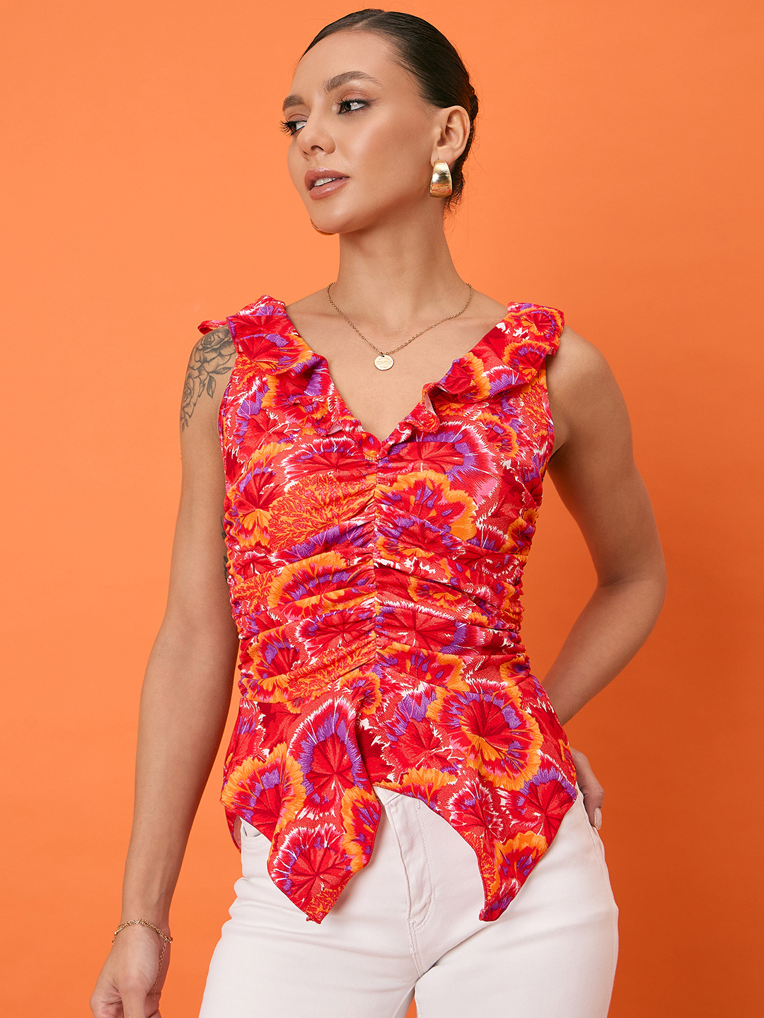 Printed Sleeveless Stretchable Ruffled Top - Uptownie