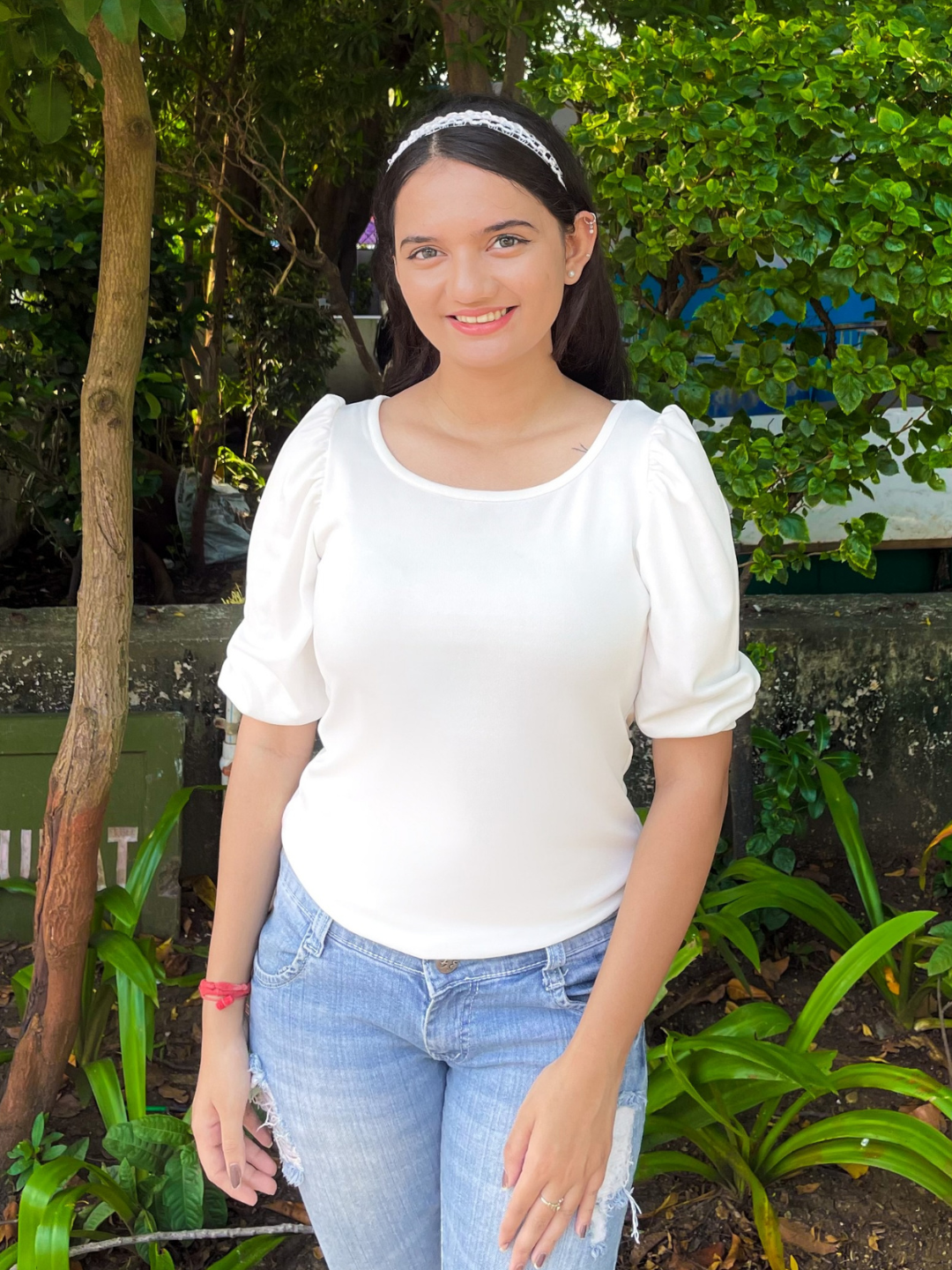 Cotton Solid Stretchable Round Neck Puff Sleeve Top - Uptownie