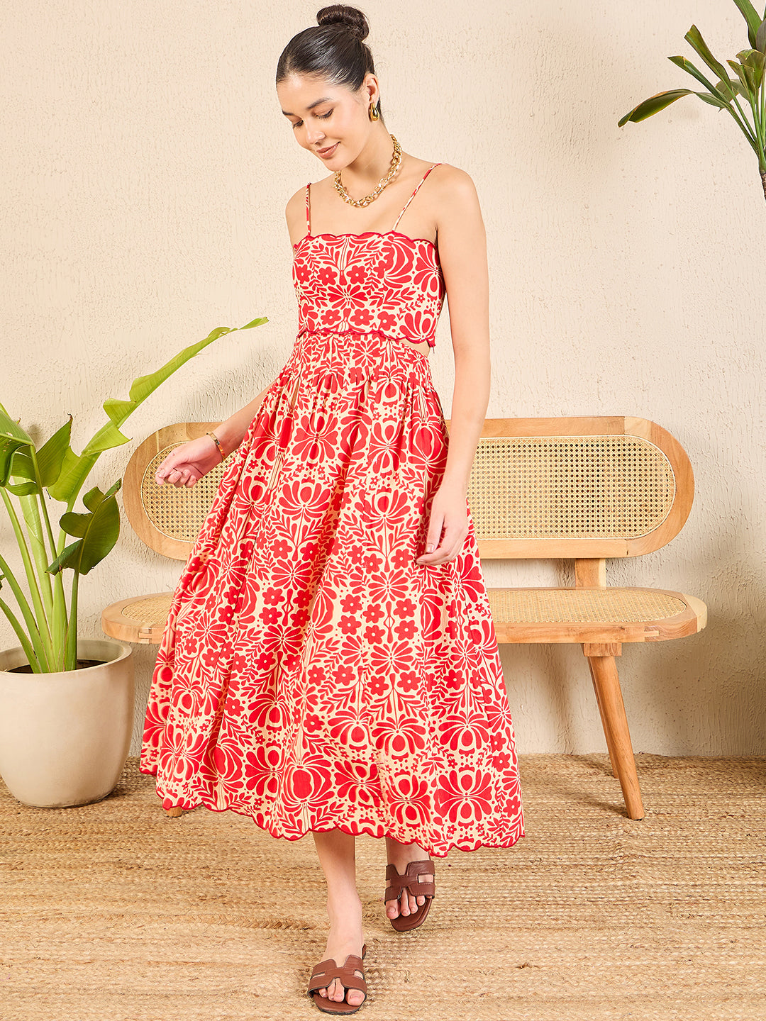 midi cotton dress for women Scalloped Fit and Flare Midi Cotton Dress