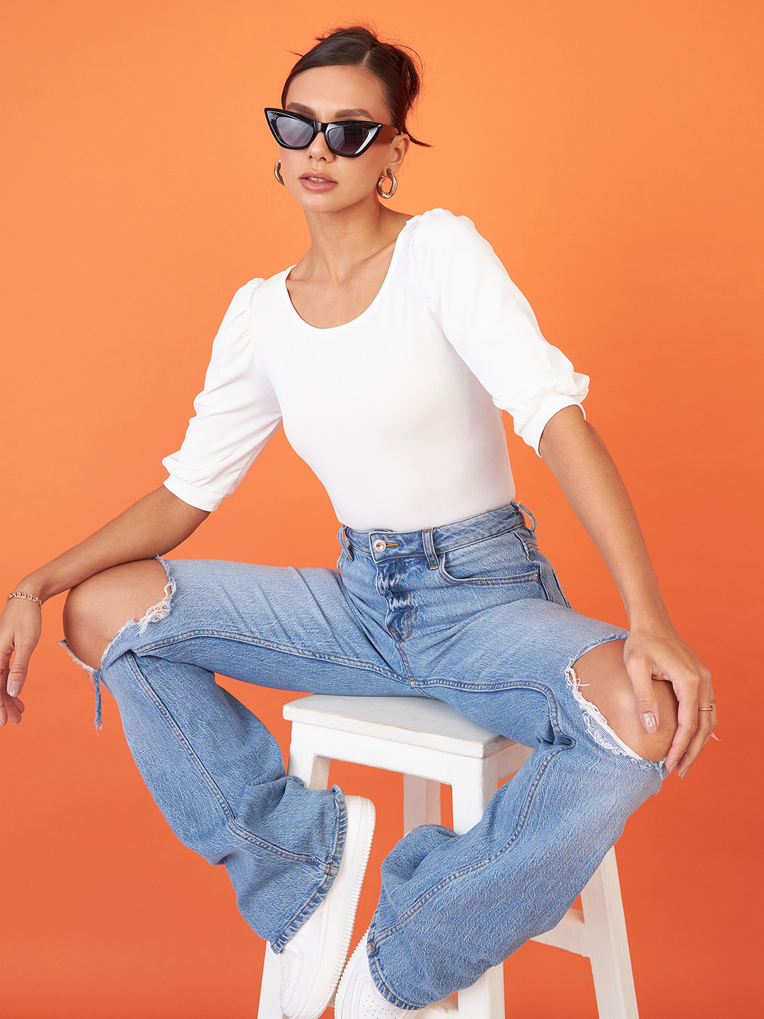 Cotton Solid Stretchable Round Neck Puff Sleeve Top - Uptownie