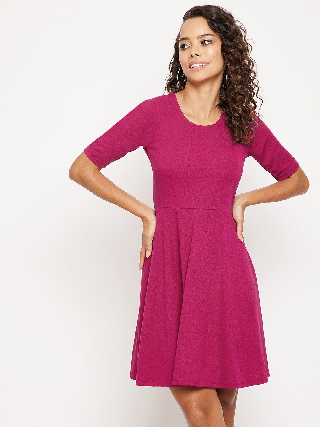 Round Neck Stretchable Skater Cotton Dress - Uptownie