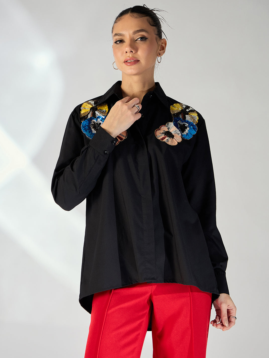 Sequinned Applique Cotton Shirt - Uptownie