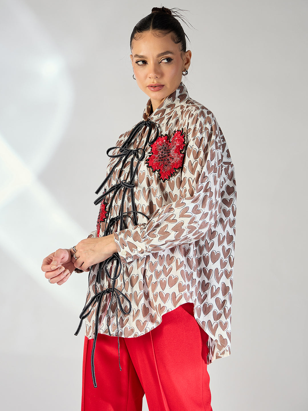 Printed Tie-Up Full Sleeve Sequinned Cotton Shirt - Uptownie