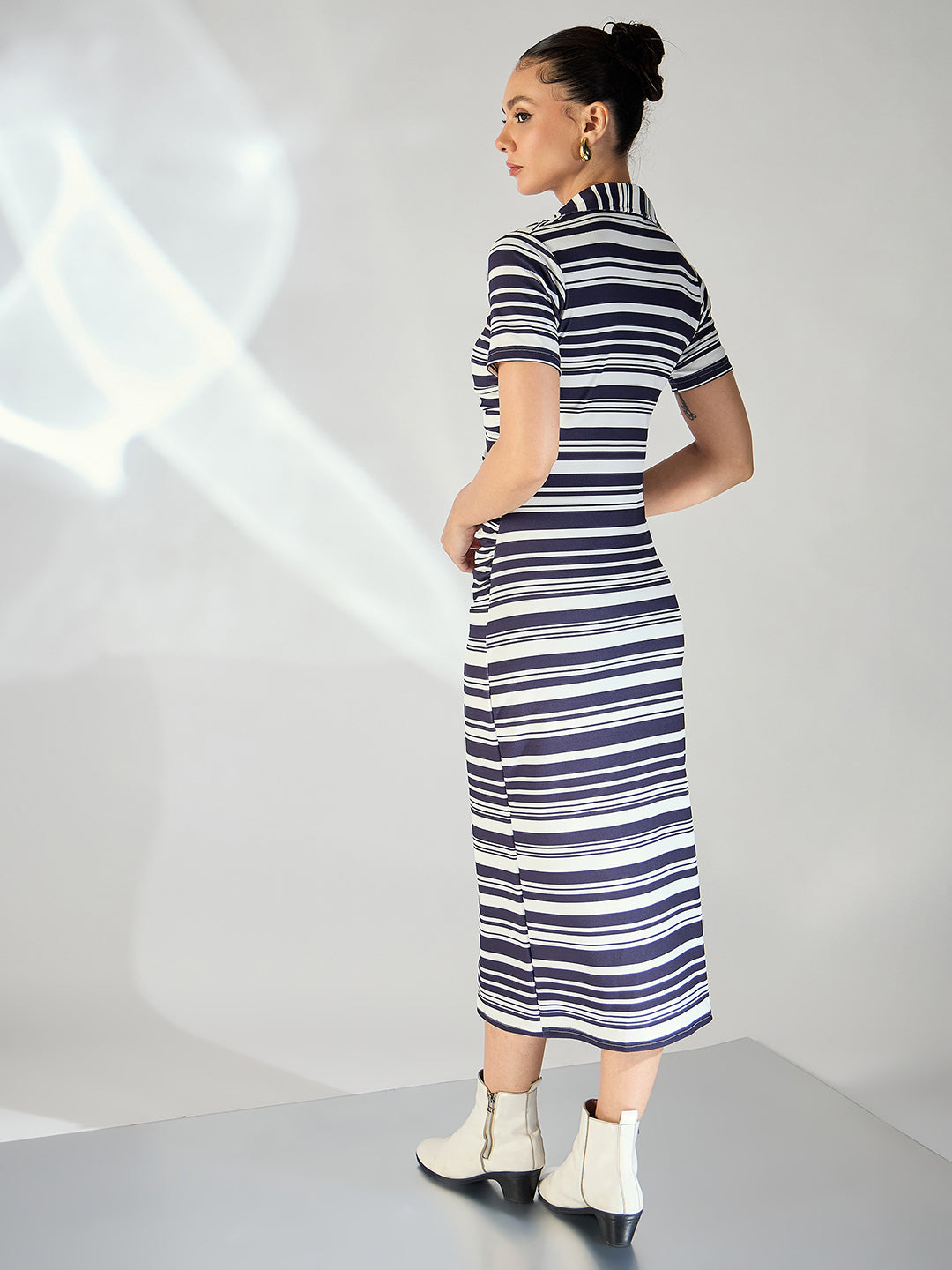 Striped Gathered Buttoned Down Midi Dress - Uptownie