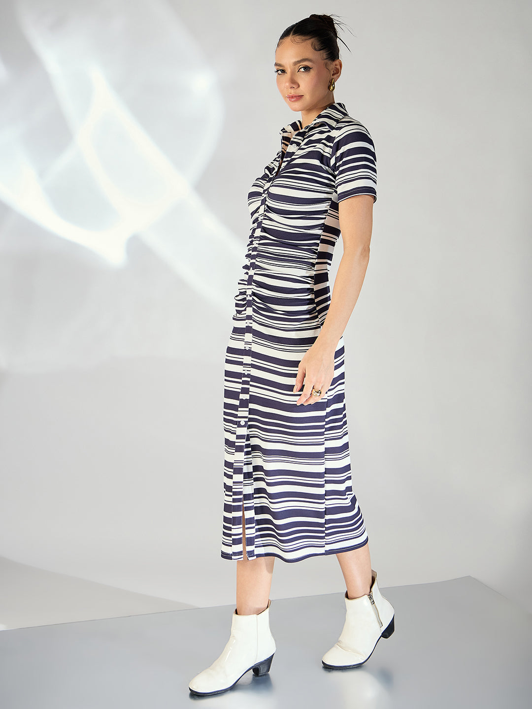 Striped Gathered Buttoned Down Midi Dress - Uptownie