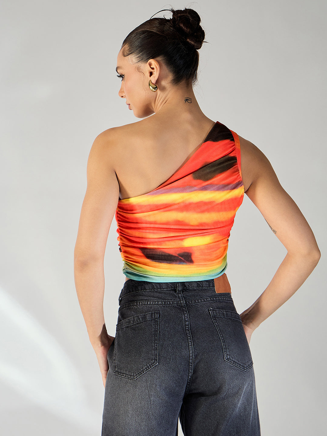 Printed Stretchable One Shoulder Top with Gathered Sides - Uptownie