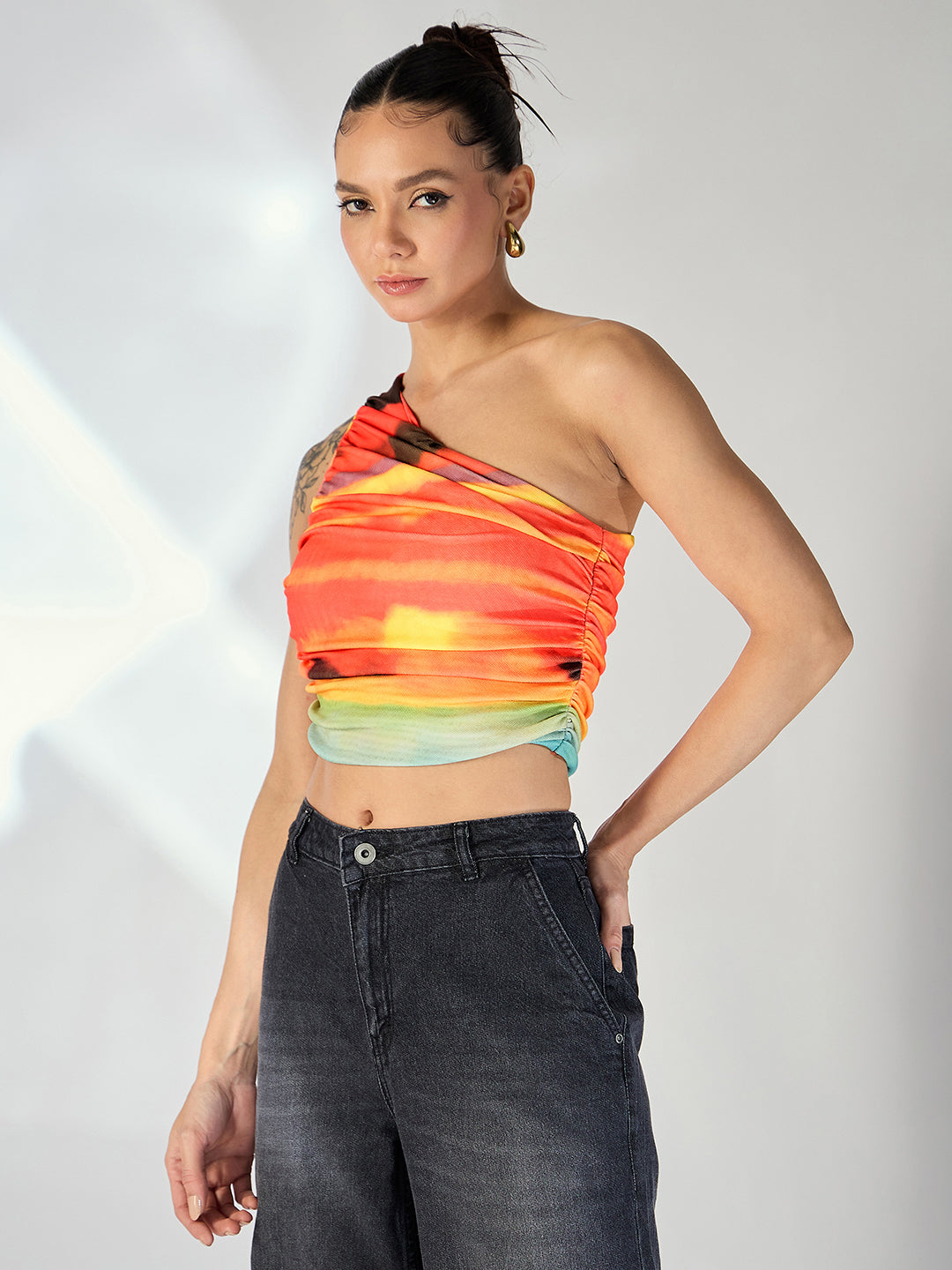 Printed Stretchable One Shoulder Top with Gathered Sides - Uptownie