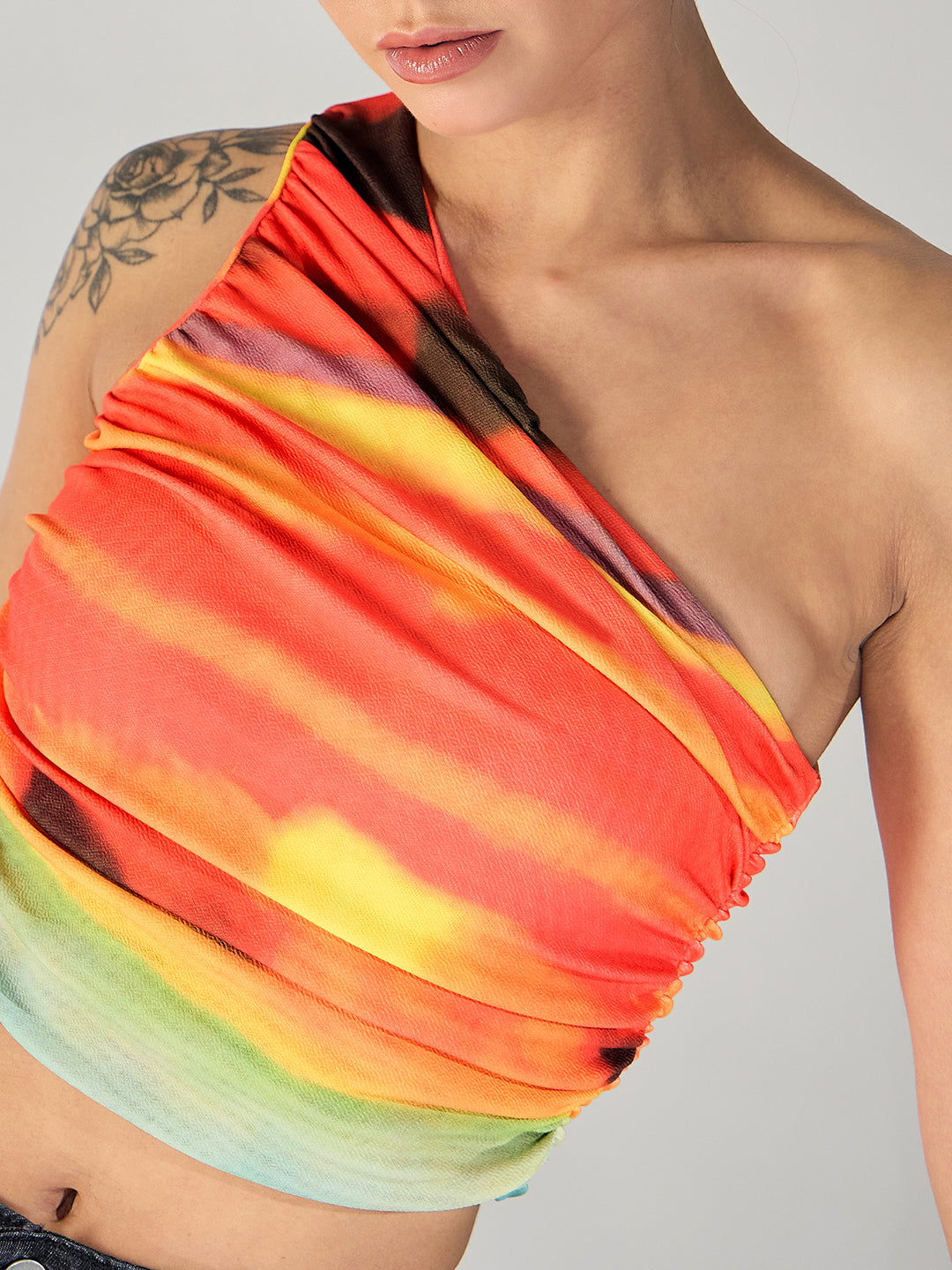 Printed Stretchable One Shoulder Top with Gathered Sides - Uptownie