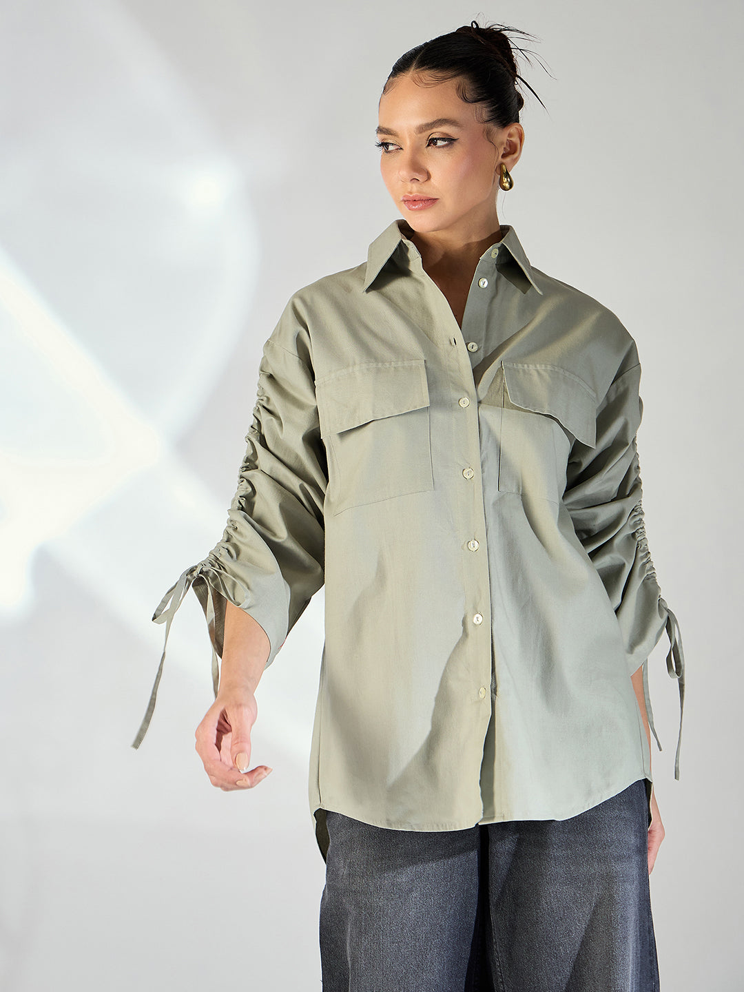 Ruched Tie-up Sleeves Cotton Shirt - Uptownie