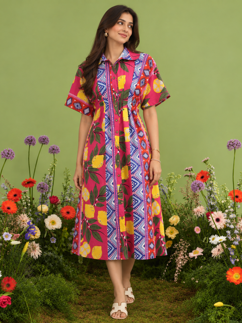Pure Cotton Pin-Tucked Midi Dress