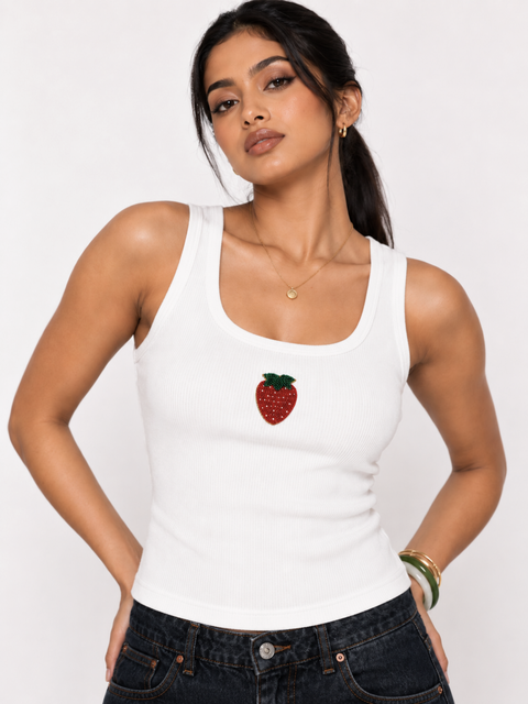 Strawberry Beaded Ribbed Tank Top