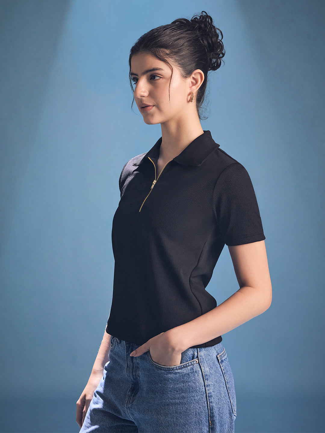 Front Zip Up Ribbed Top - Uptownie