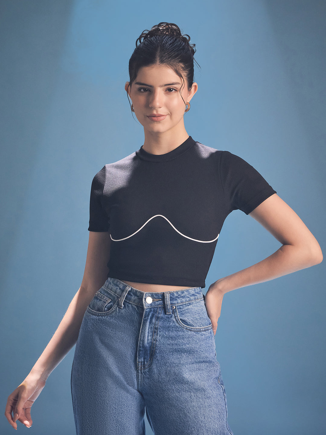 Contrast Piping Rib-knit Top - Uptownie