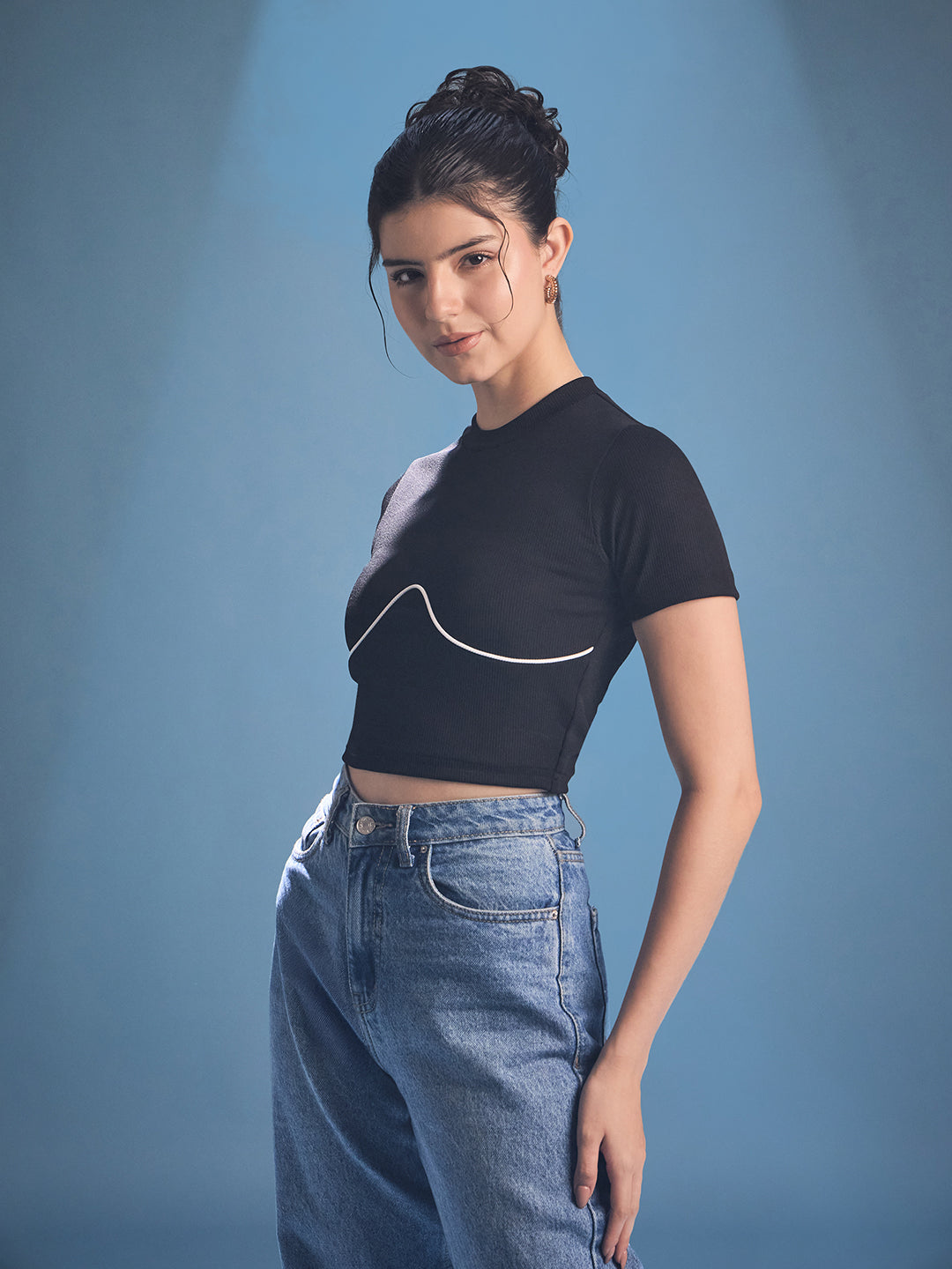 Contrast Piping Rib-knit Top - Uptownie