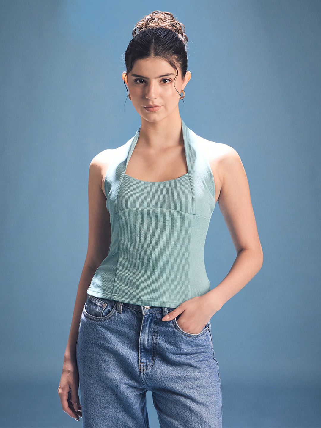 Stretchable Halter Neck Ribbed Top - Uptownie