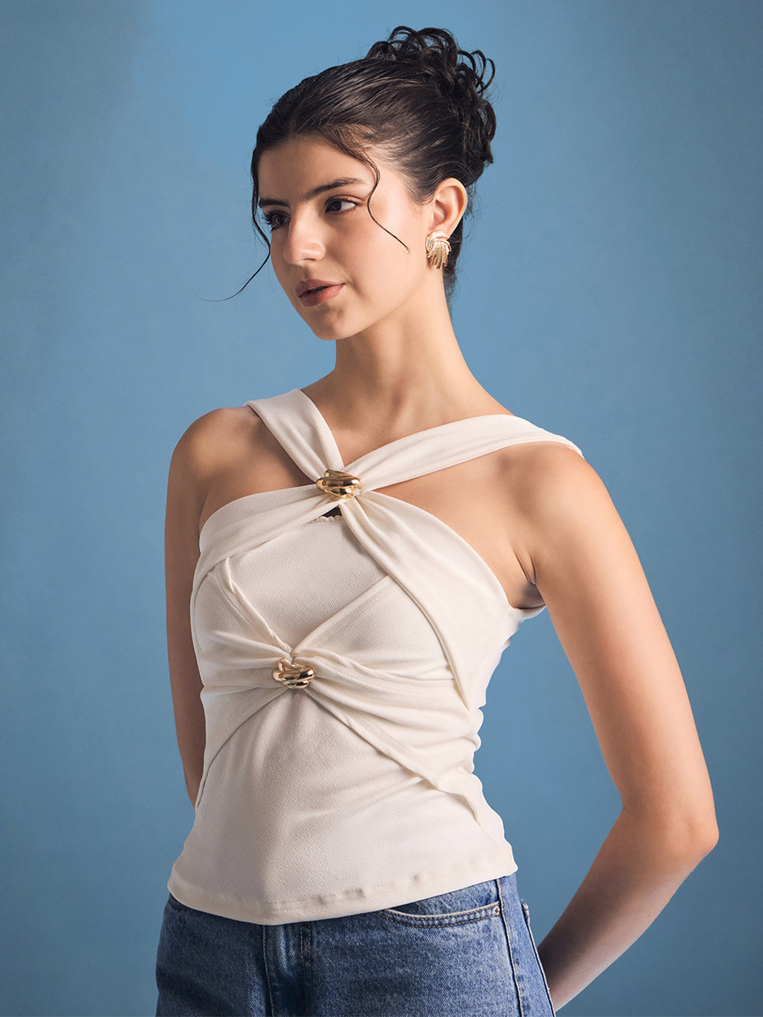 Stretchable Gold Accent Criss Cross Top - Uptownie