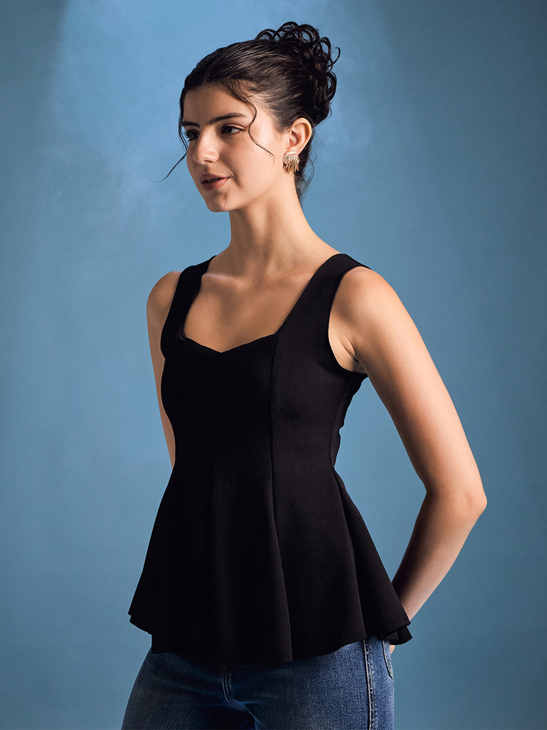 Stretchable Ribbed Peplum Top