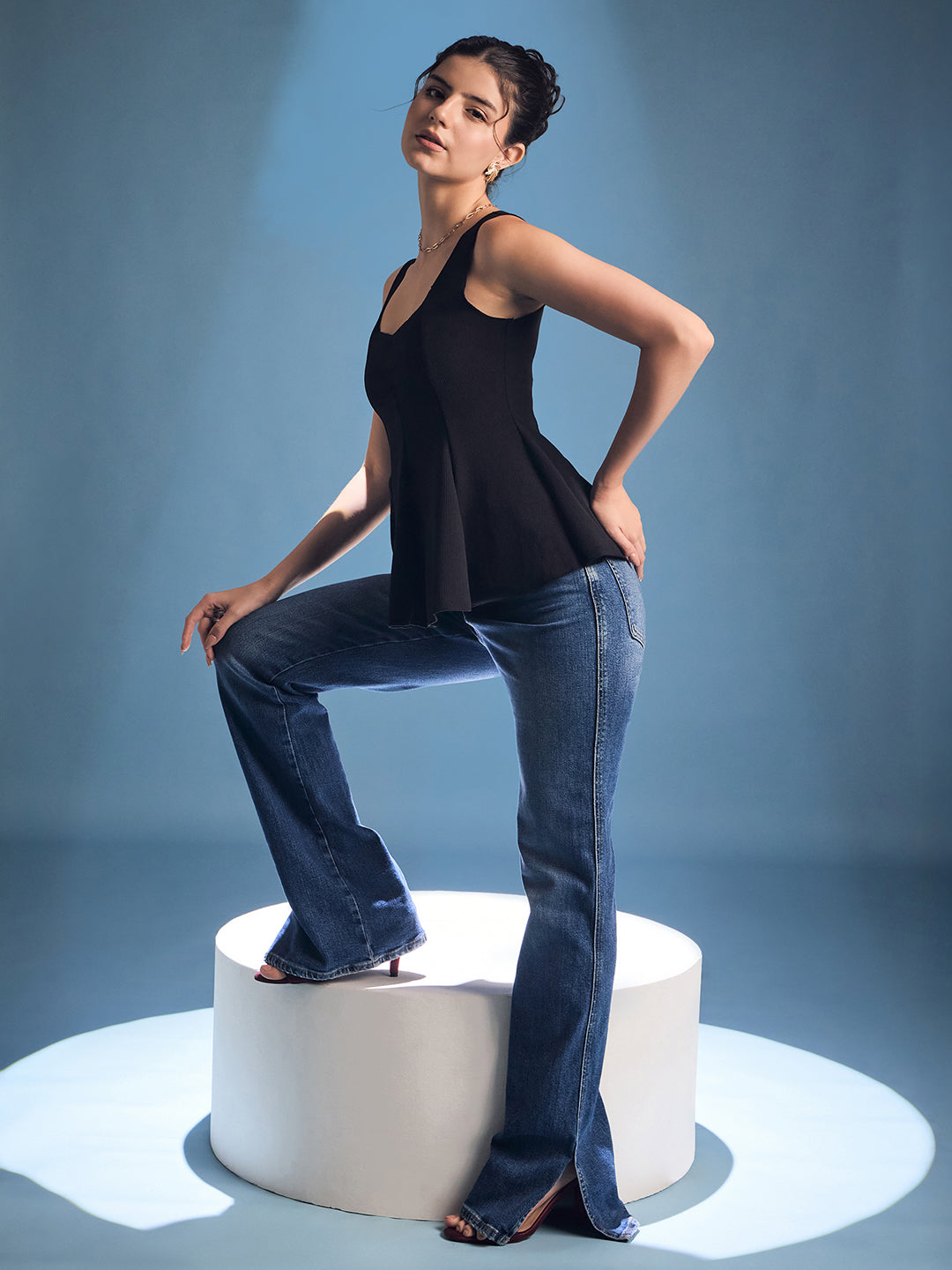 Stretchable Ribbed Peplum Top