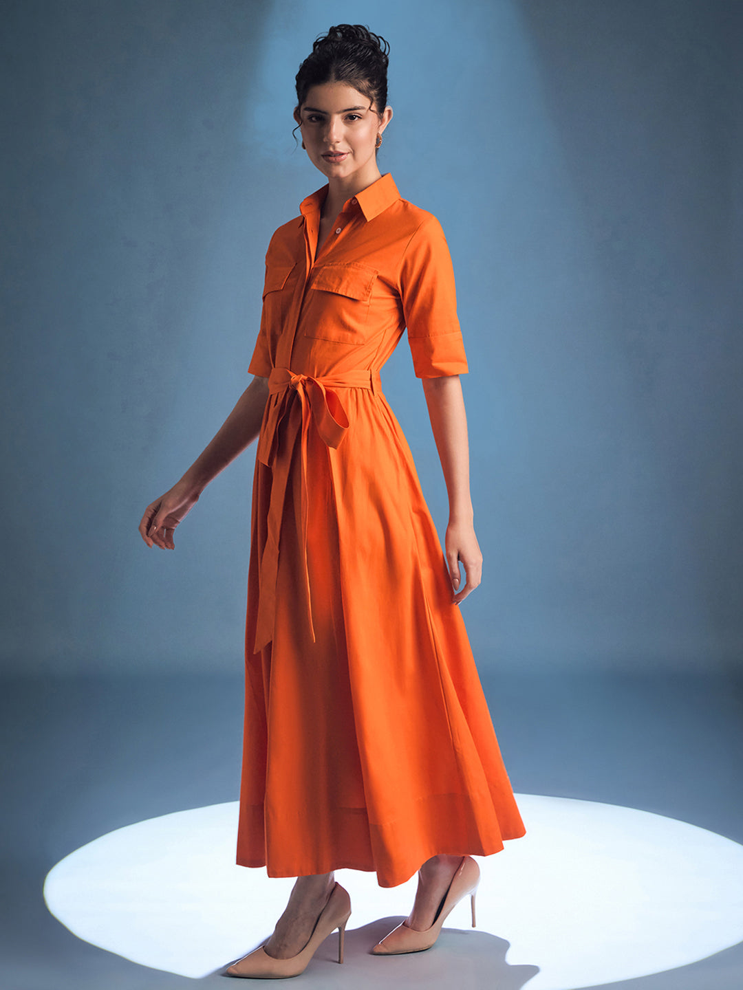Cotton Flared Shirt Dress With Belt - Uptownie