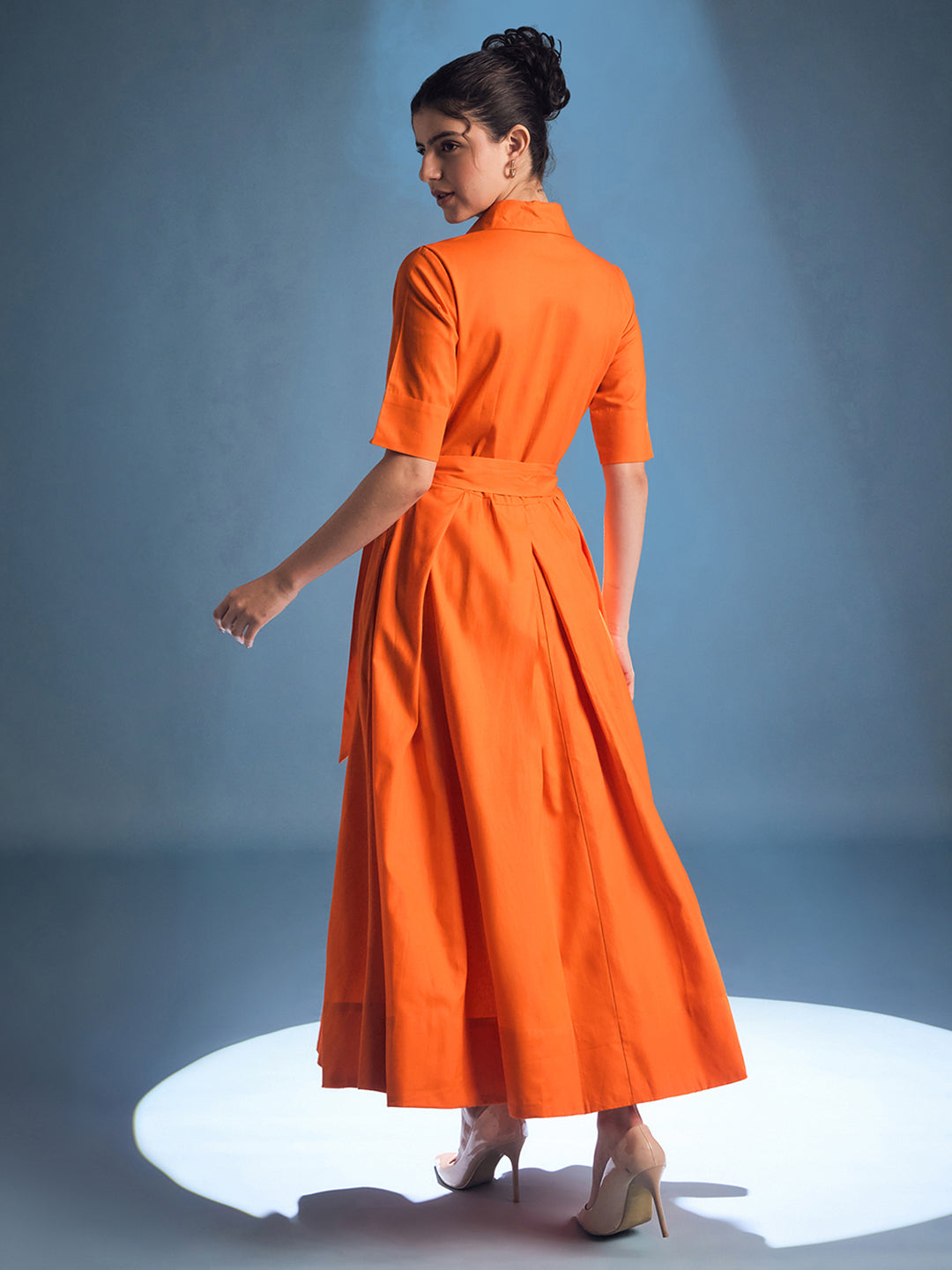 Cotton Flared Shirt Dress With Belt - Uptownie