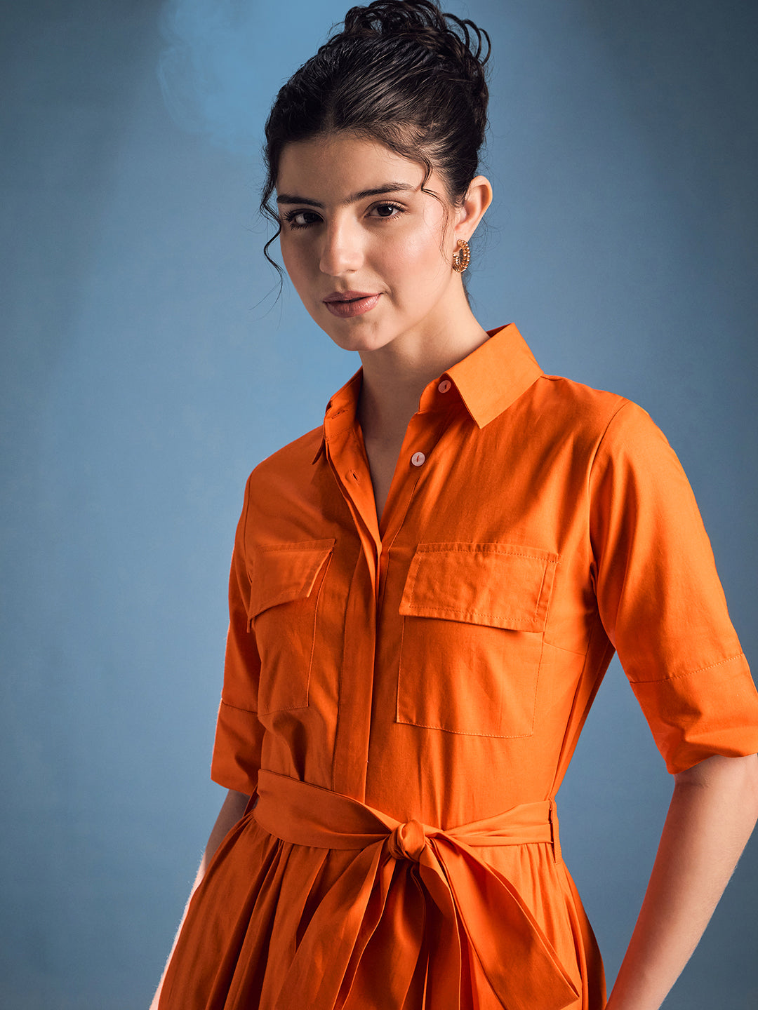 Cotton Flared Shirt Dress With Belt - Uptownie