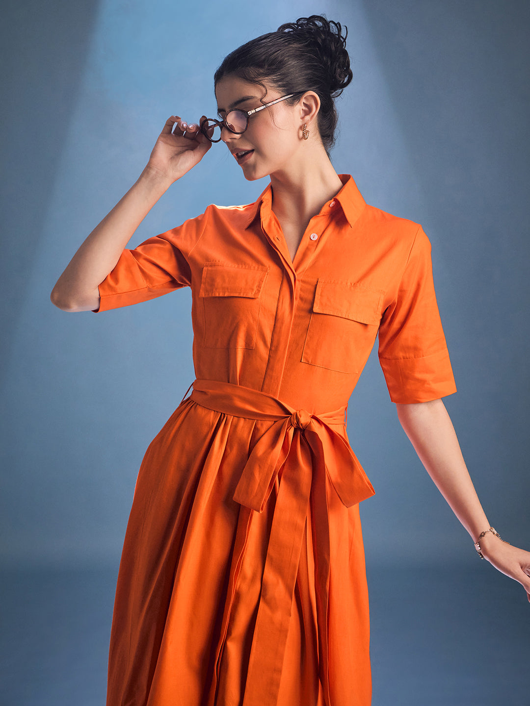 Cotton Flared Shirt Dress With Belt - Uptownie