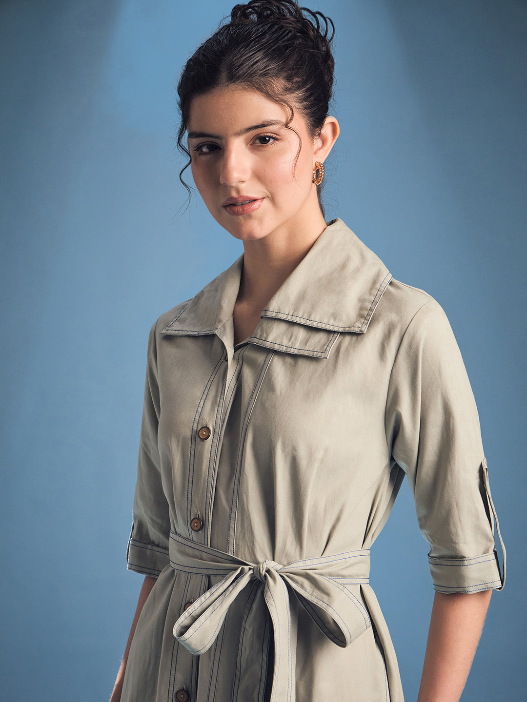 Cotton Asymmetrical Contrast Stitch Shirt Dress - Uptownie