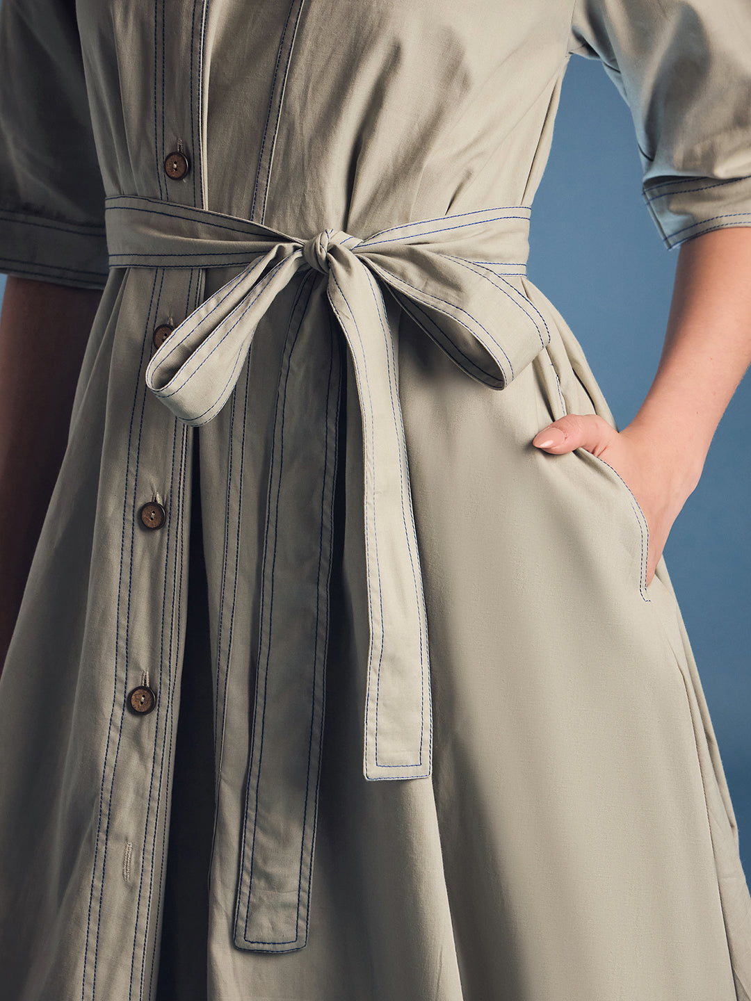Cotton Asymmetrical Contrast Stitch Shirt Dress - Uptownie