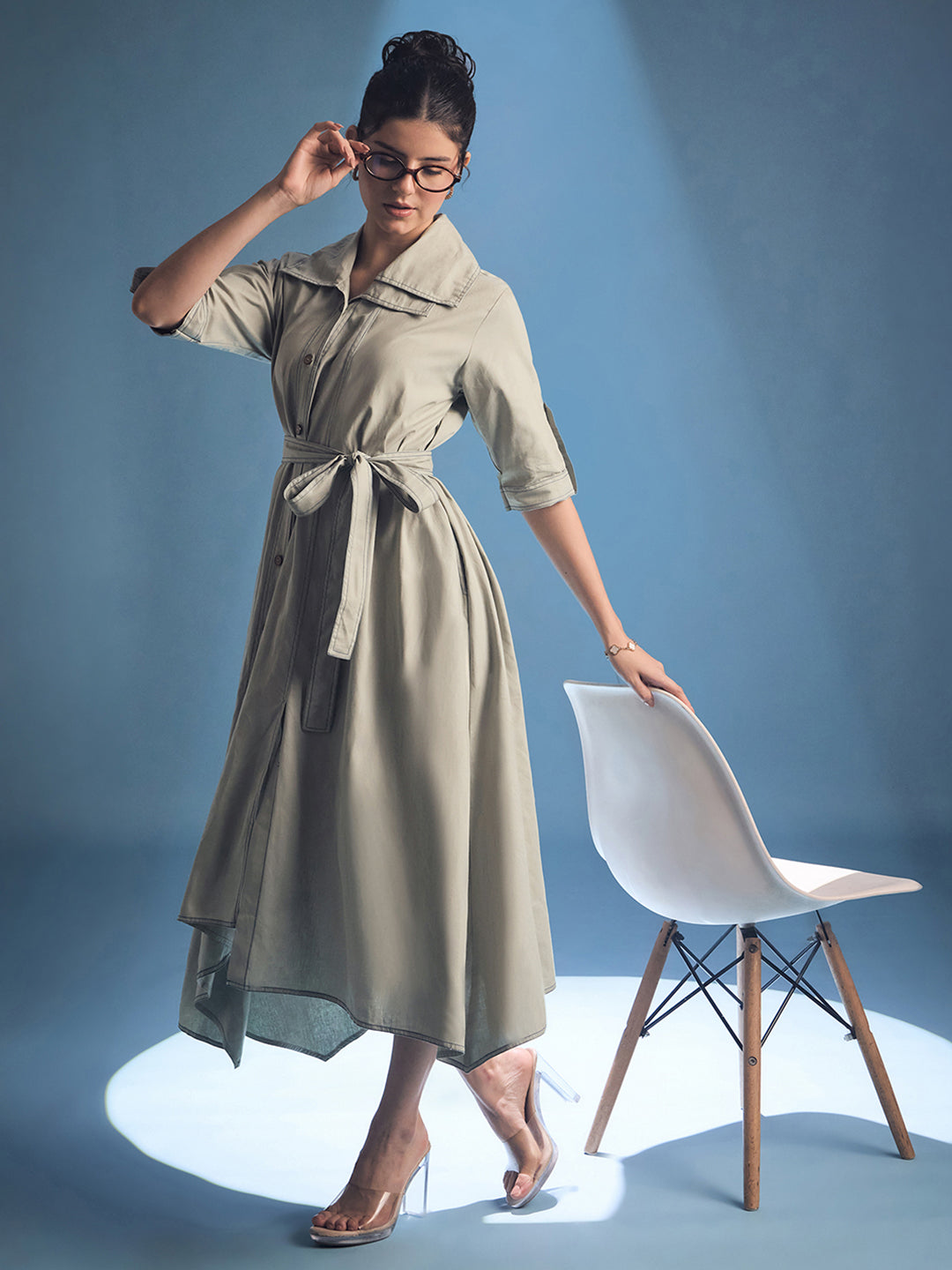 Cotton Asymmetrical Contrast Stitch Shirt Dress - Uptownie