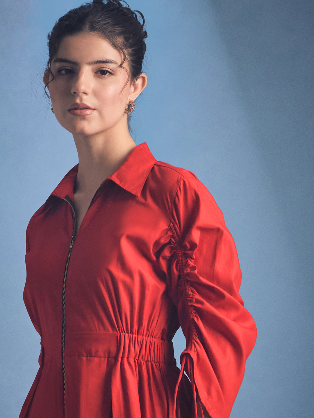 Cotton Zip Dress With Gathered Tie-Up Sleeves - Uptownie