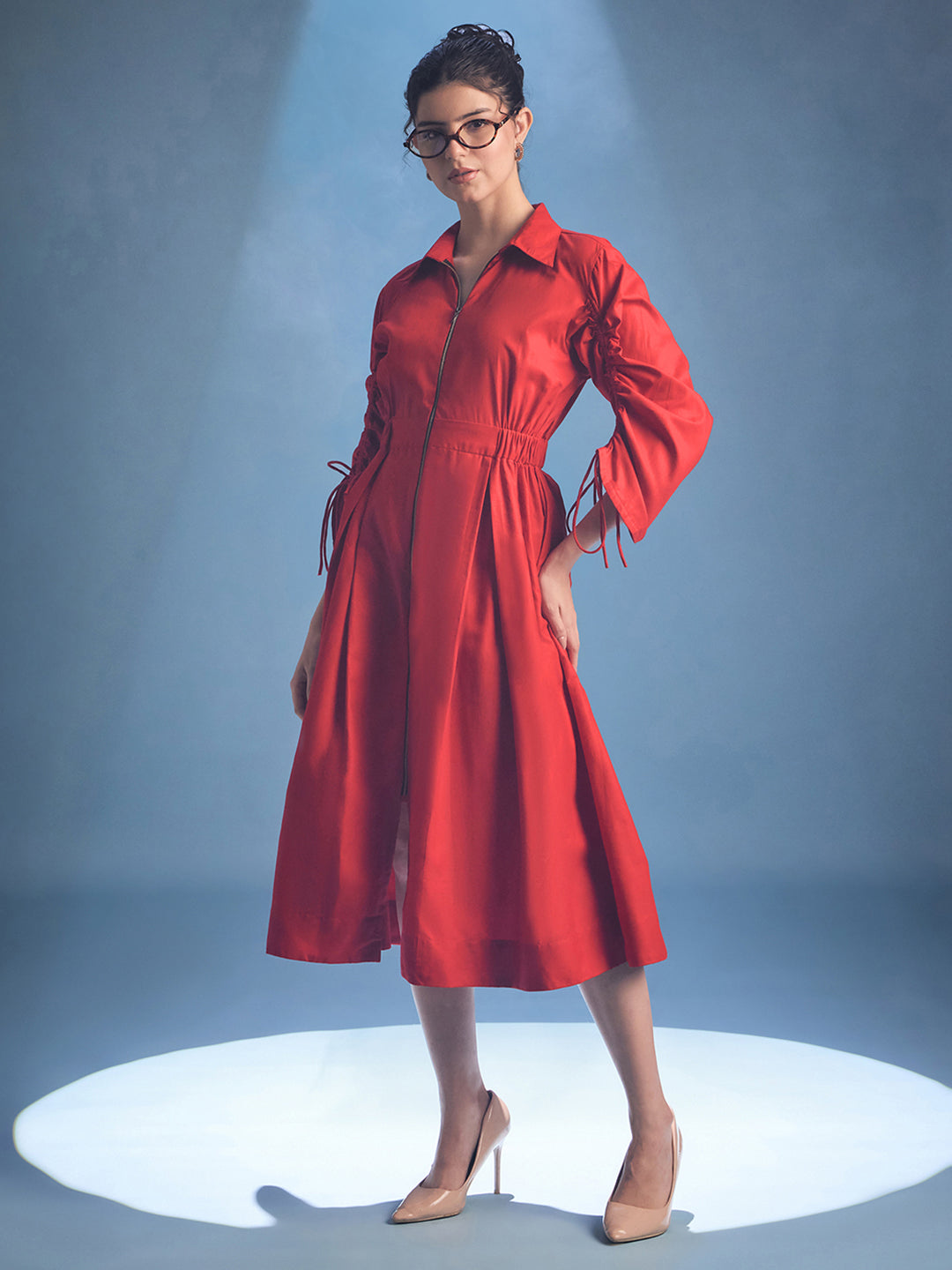 Cotton Zip Dress With Gathered Tie-Up Sleeves - Uptownie
