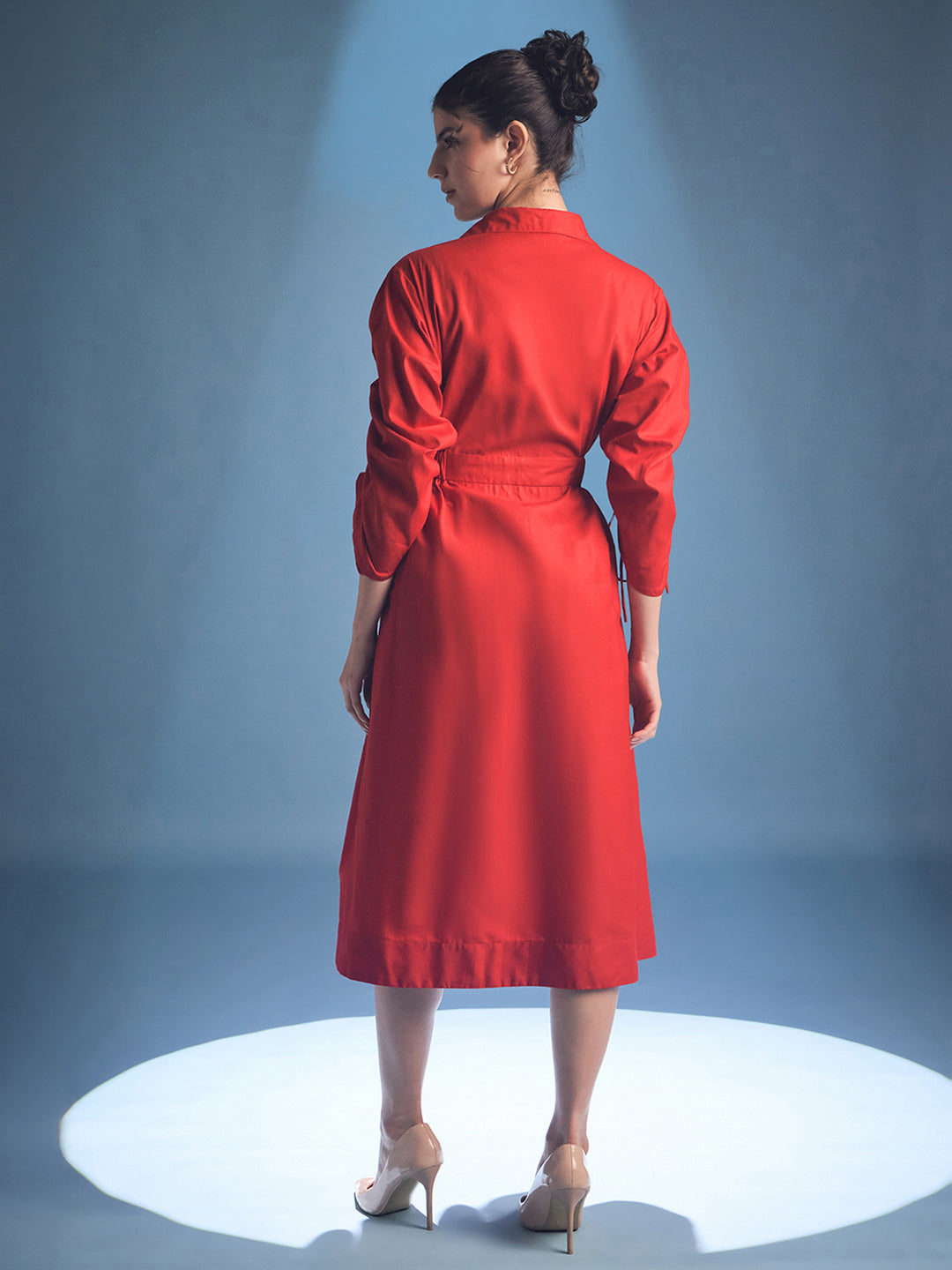 Cotton Zip Dress With Gathered Tie-Up Sleeves - Uptownie