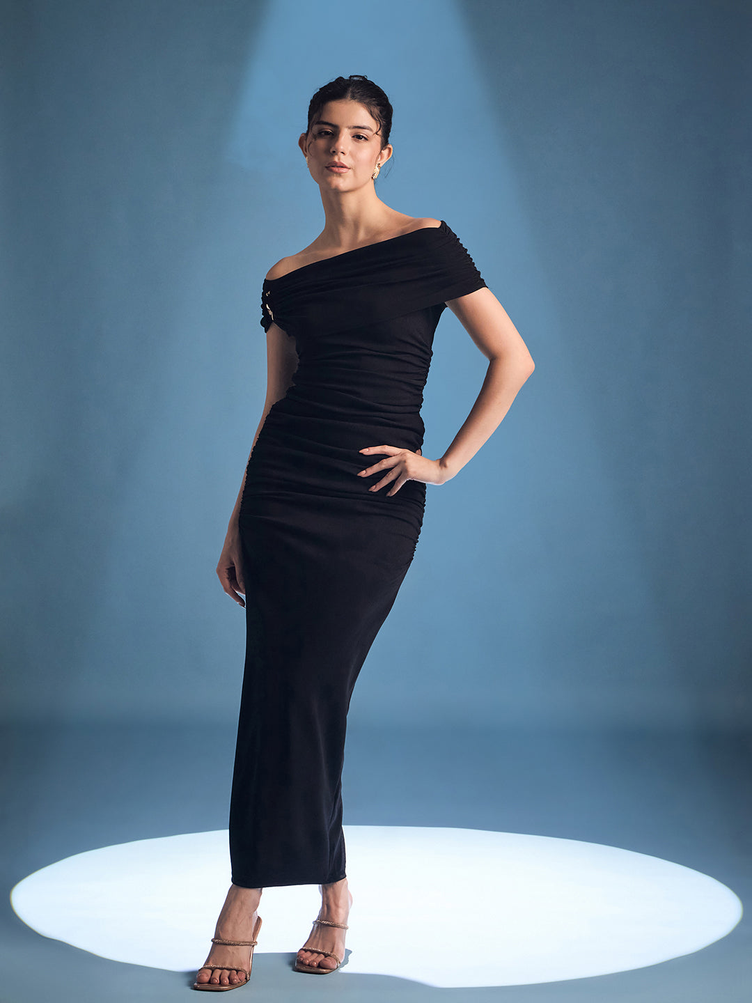 Ring Accent Off Shoulder Ruched Maxi Dress