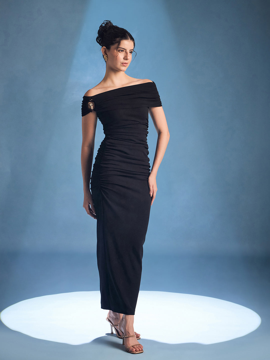 Ring Accent Off Shoulder Ruched Maxi Dress