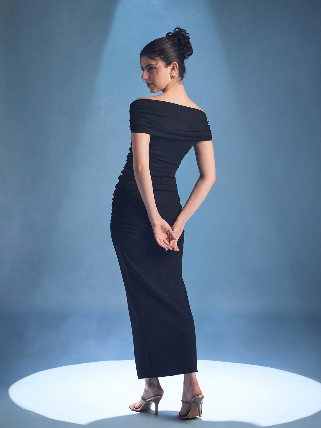 Ring Accent Off Shoulder Ruched Maxi Dress