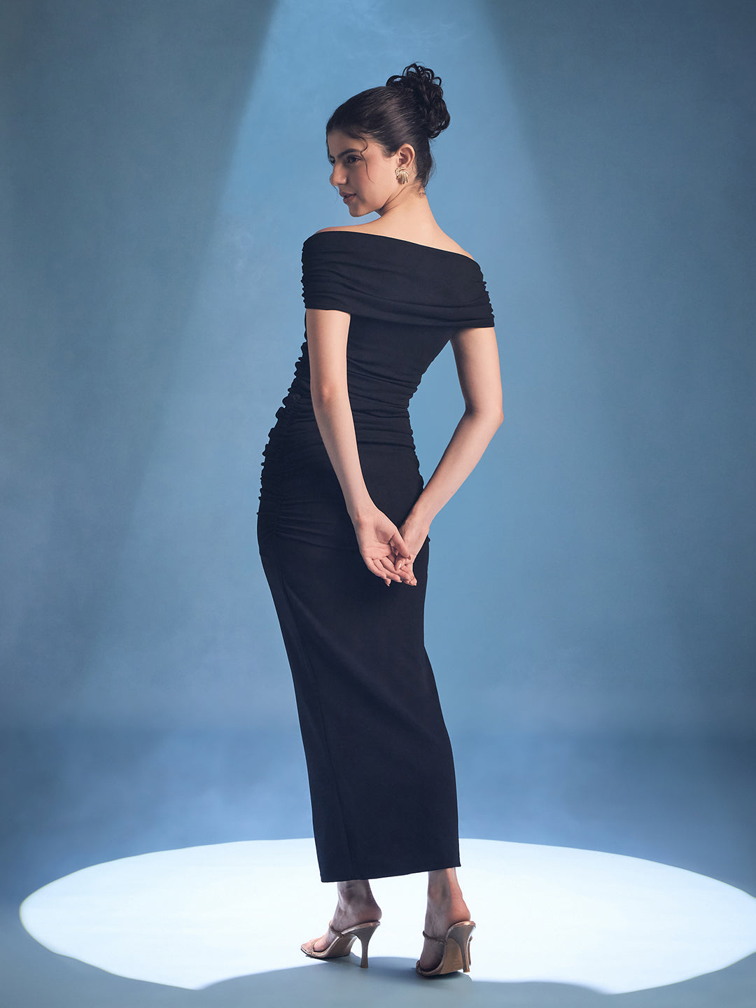 Ring Accent Off Shoulder Ruched Maxi Dress - Uptownie