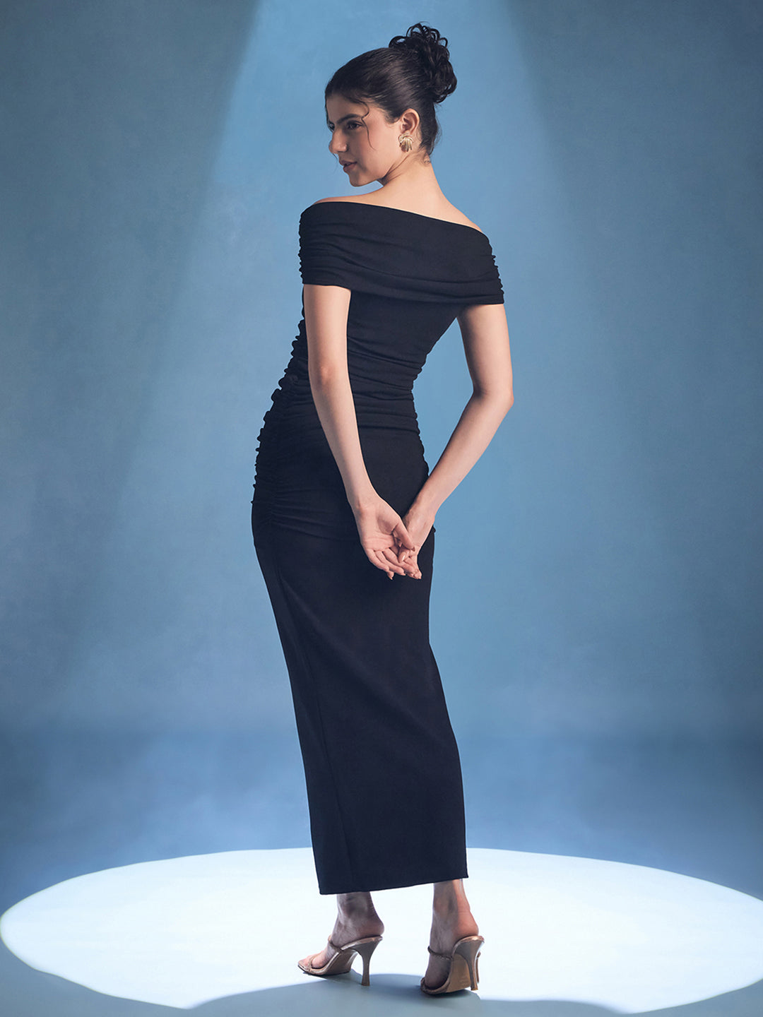 Ring Accent Off Shoulder Ruched Maxi Dress - Uptownie