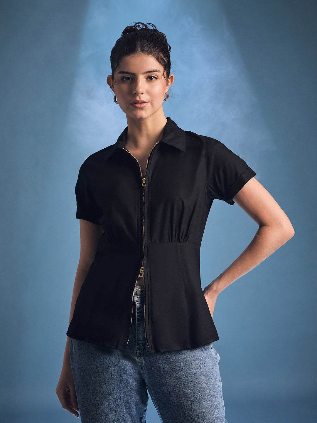 Zip-Through Fitted Cotton Top - Uptownie