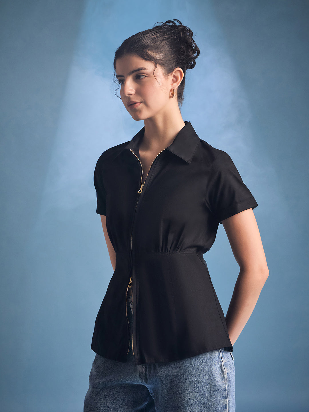 Zip-Through Fitted Cotton Top - Uptownie