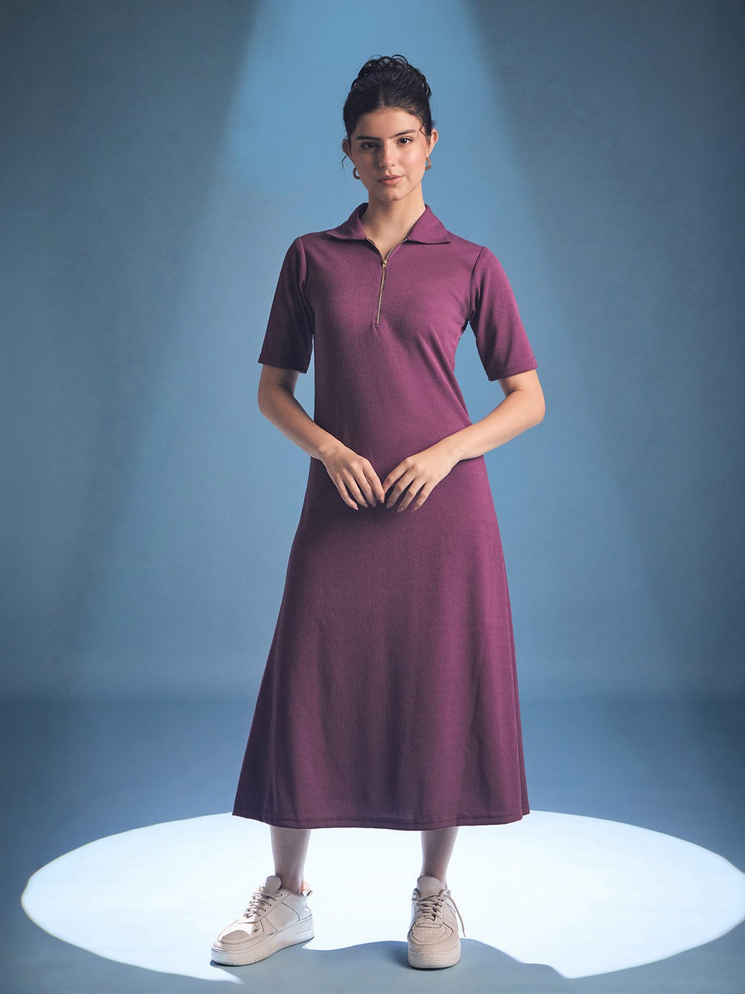 Stretchable Front Zip-up Midi Dress