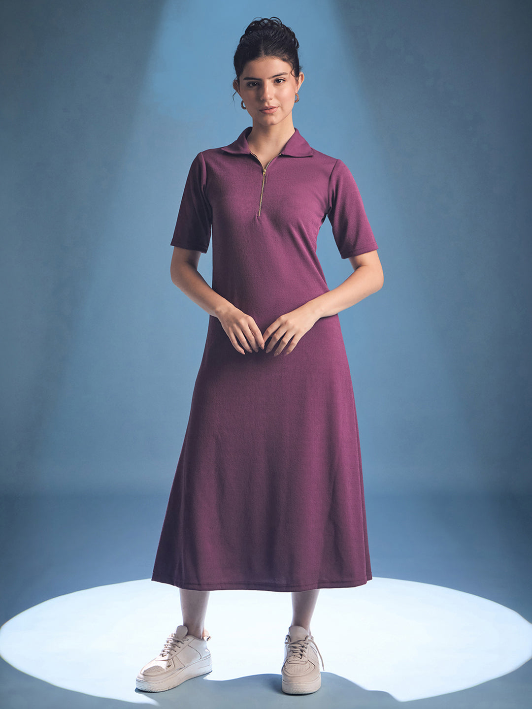 Stretchable Front Zip-up Midi Dress - Uptownie