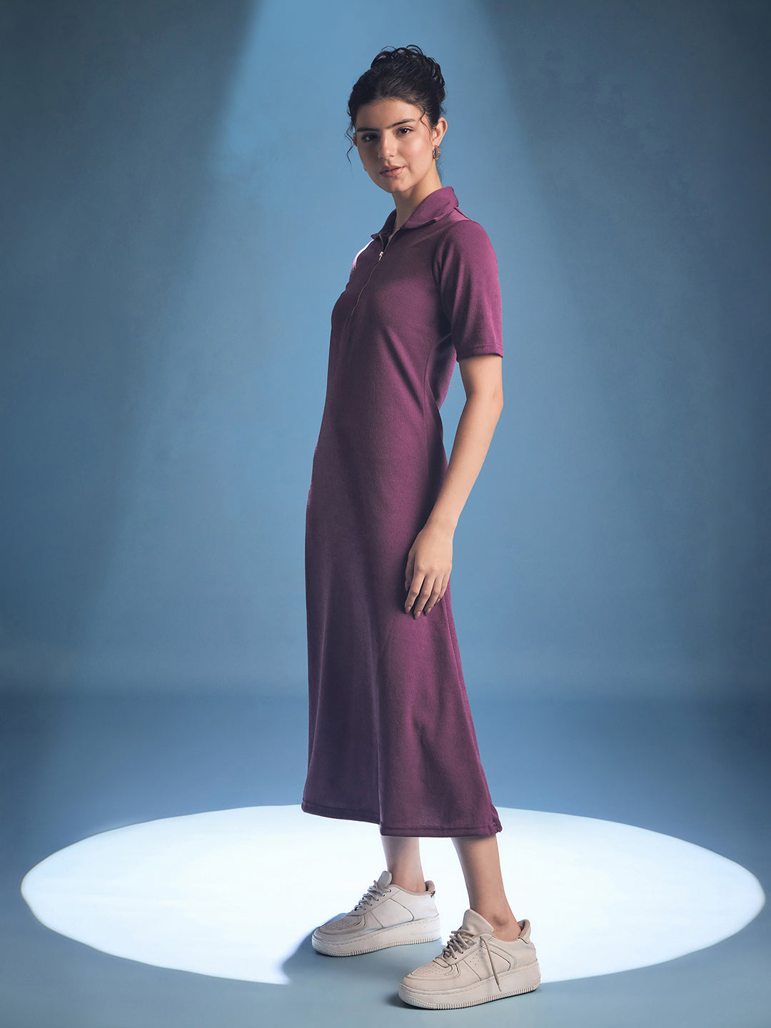 Stretchable Front Zip-up Midi Dress