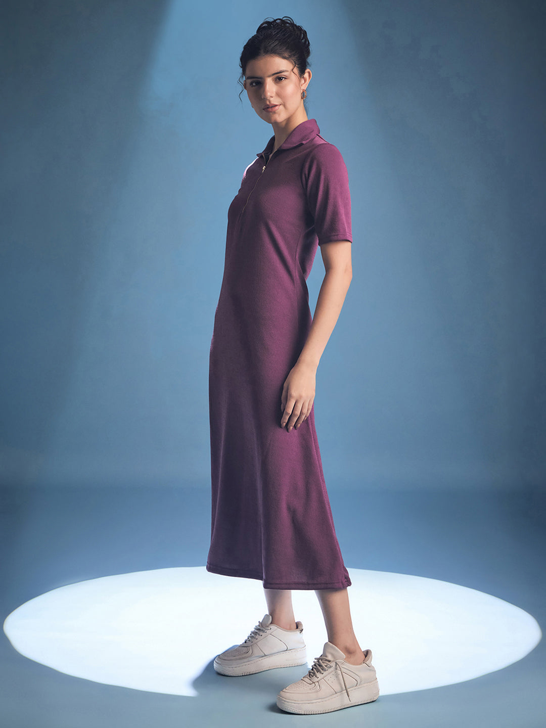 Stretchable Front Zip-up Midi Dress - Uptownie