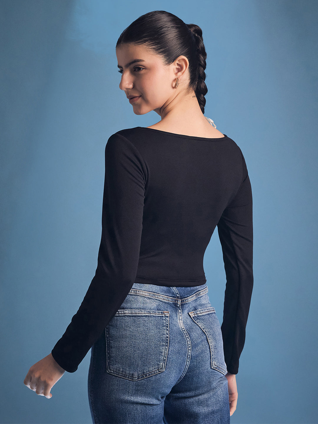 Stretchable Knotted Full Sleeves Crop Top - Uptownie