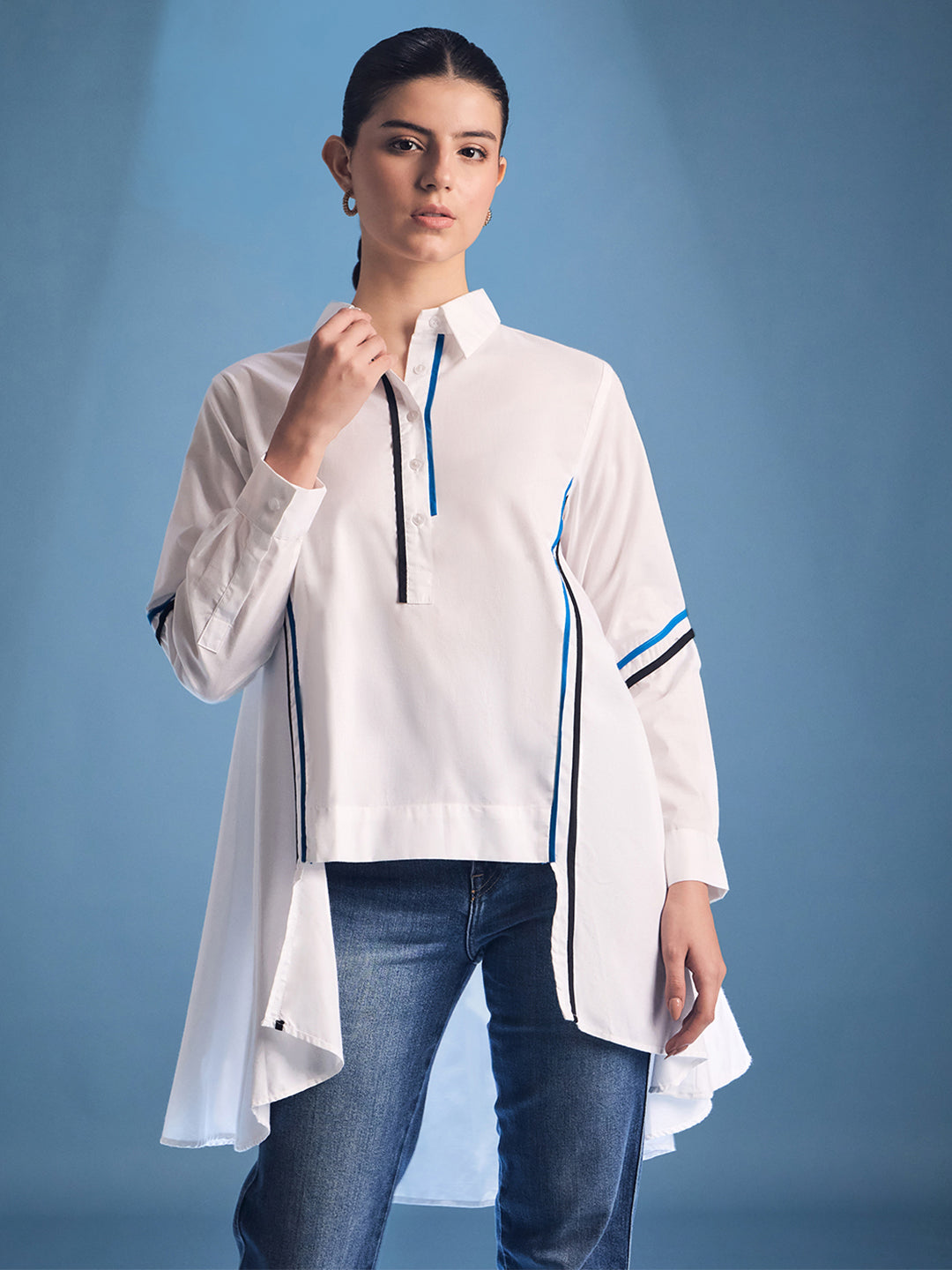Cotton Asymmetric Shirt with Contrast Color Stripes - Uptownie