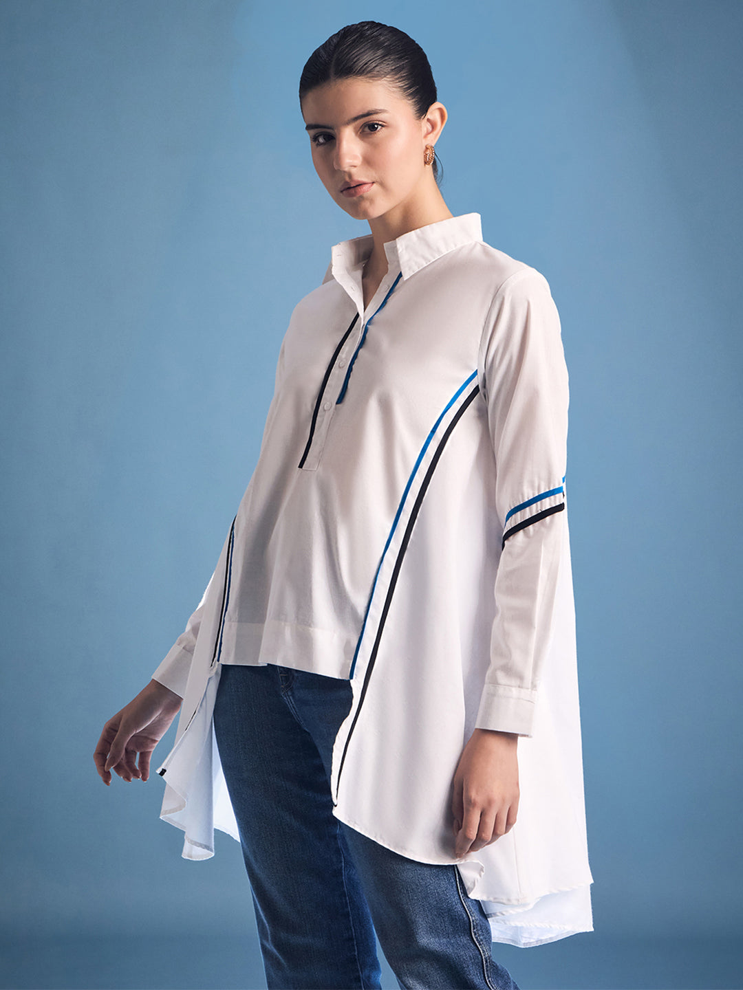 Cotton Asymmetric Shirt with Contrast Color Stripes - Uptownie