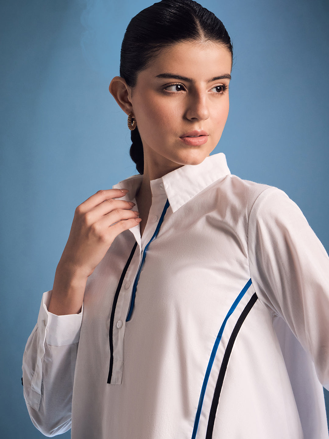 Cotton Asymmetric Shirt with Contrast Color Stripes - Uptownie